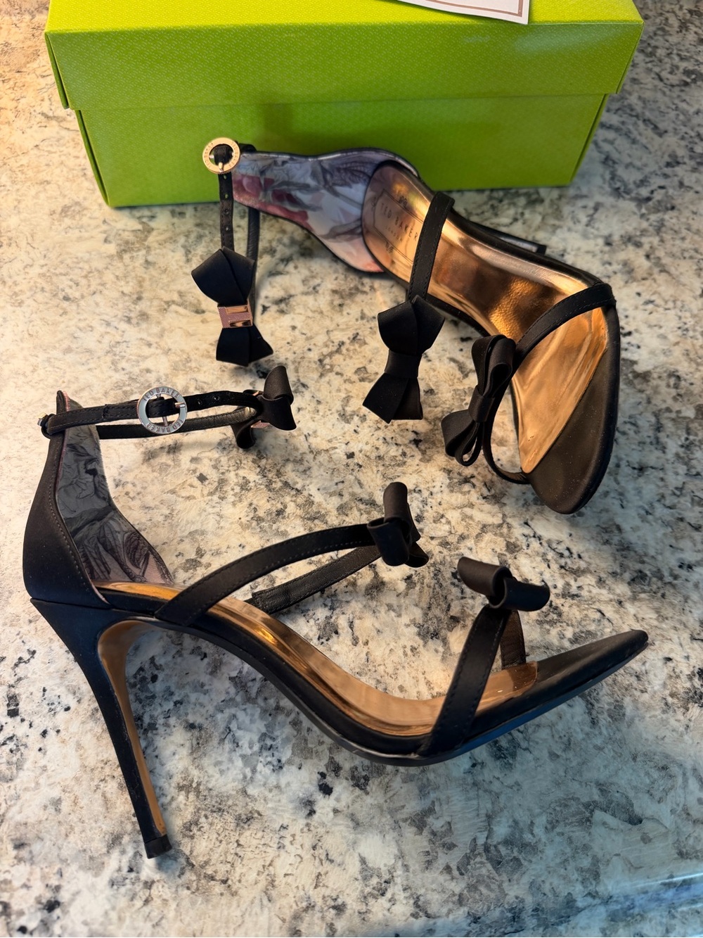 Ted Baker London Black Satin Bow Ankle-Strap Stiletto Sandals Heels Sexy Classy